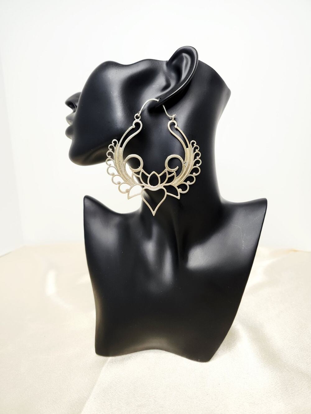 Vintage Silver Plated Lotus Flower Filigree Hoop Earrings Boho Statement 3.5"